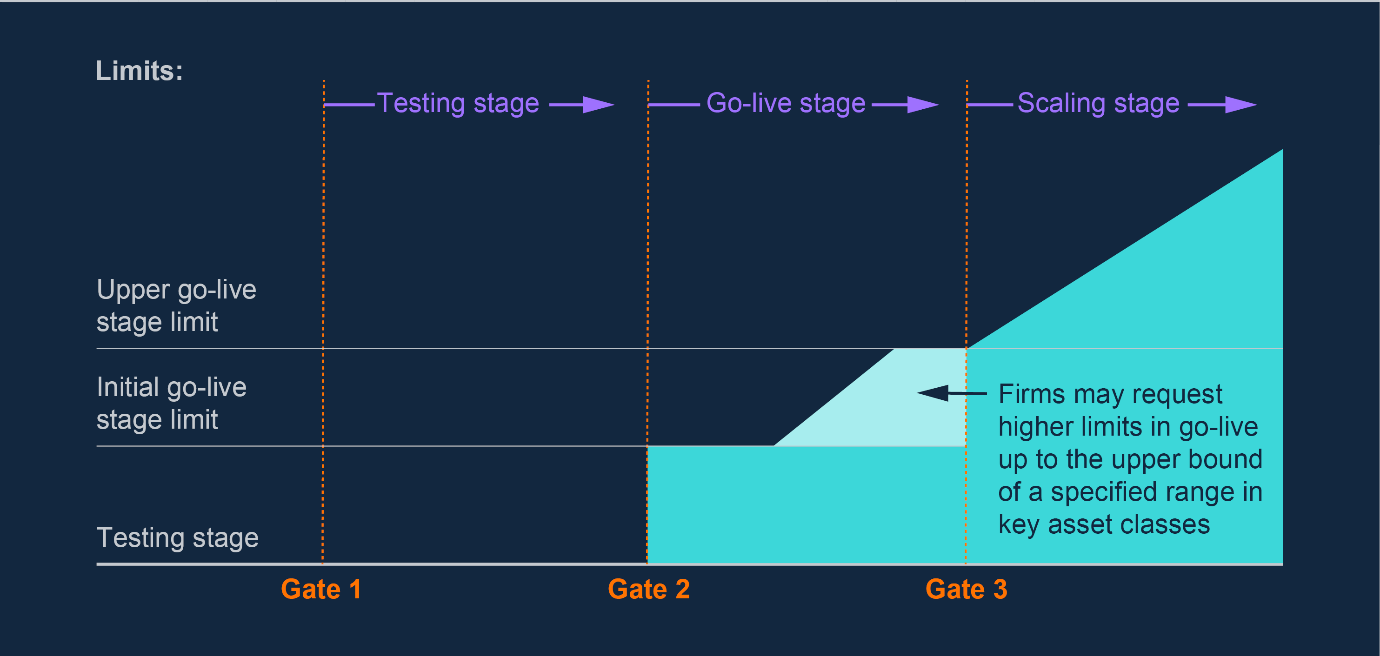 Bank of England chart showing a firm's permitted limits stepping up at Gate 2 and rising through the scaling stage after Gate 3