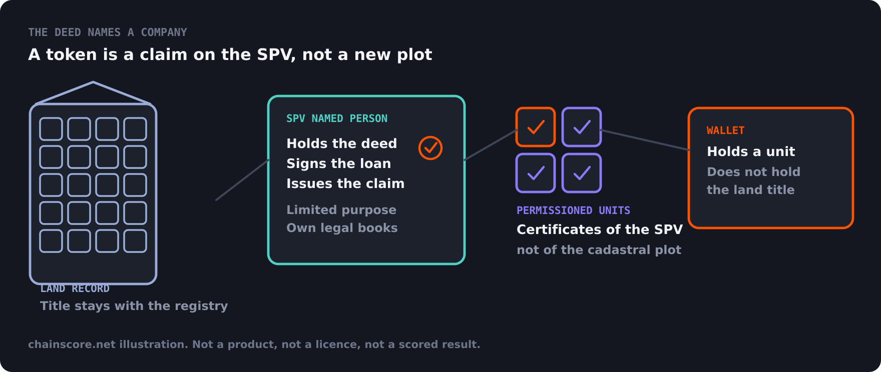 A land record naming an SPV, with permissioned units issued from that company and a wallet holding a unit